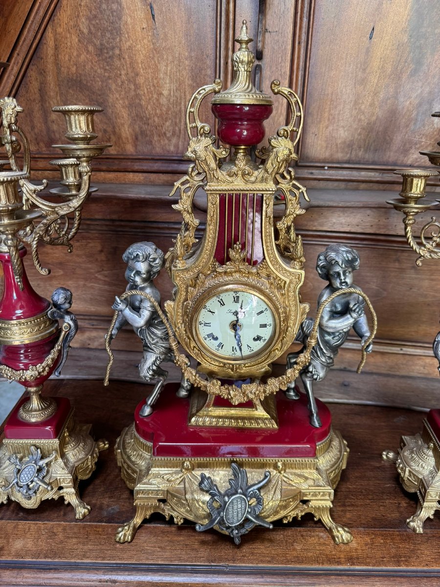 Imperial: Louis XV Style Clock And Two Candelabras - Baroque In Bronze And Red Marble -photo-1