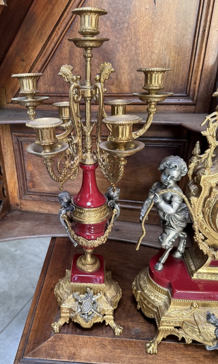 Imperial: Louis XV Style Clock And Two Candelabras - Baroque In Bronze And Red Marble -photo-2
