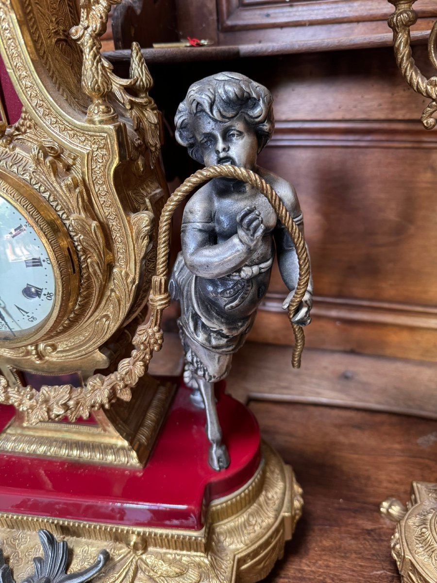 Imperial: Louis XV Style Clock And Two Candelabras - Baroque In Bronze And Red Marble -photo-4