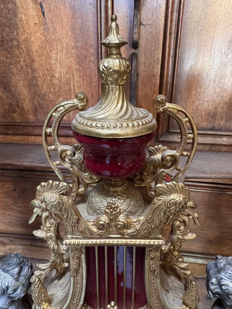 Imperial: Louis XV Style Clock And Two Candelabras - Baroque In Bronze And Red Marble -photo-6