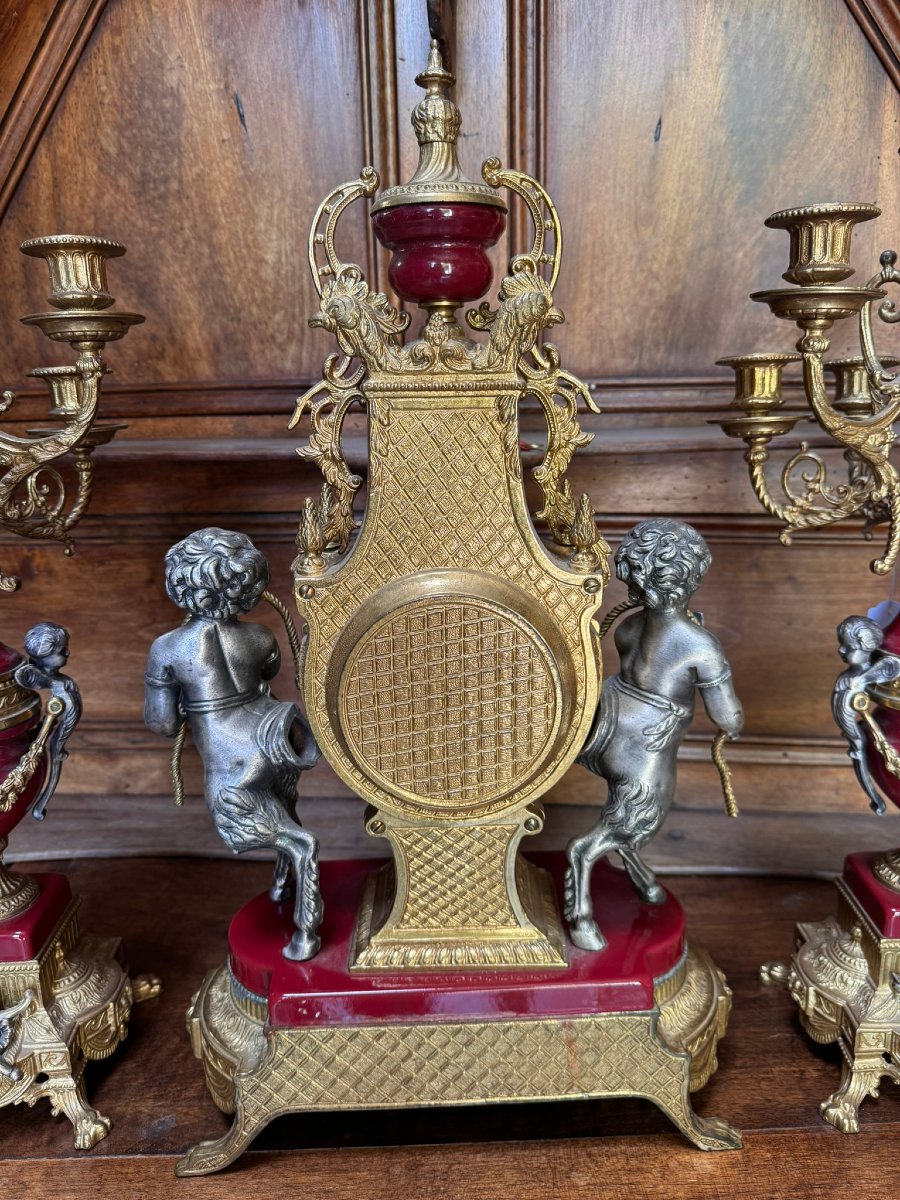 Imperial: Louis XV Style Clock And Two Candelabras - Baroque In Bronze And Red Marble -photo-7