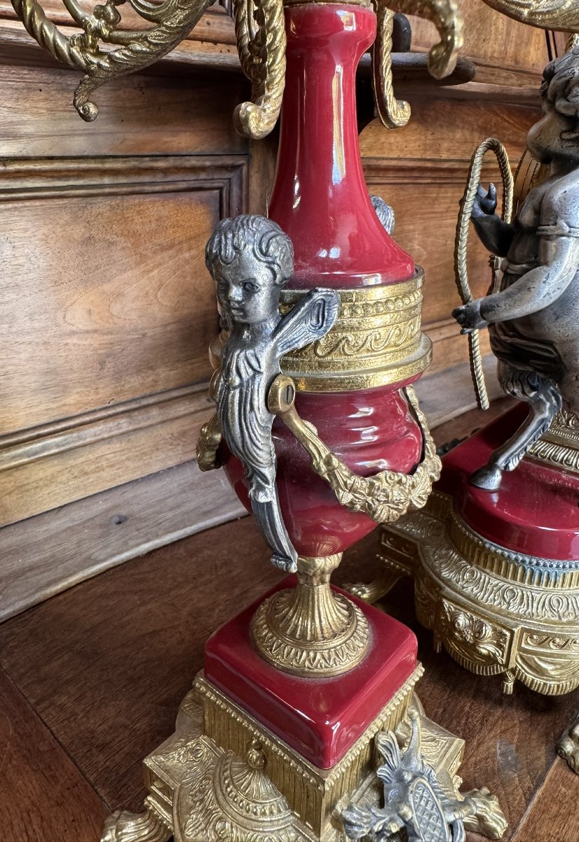 Imperial: Louis XV Style Clock And Two Candelabras - Baroque In Bronze And Red Marble -photo-8