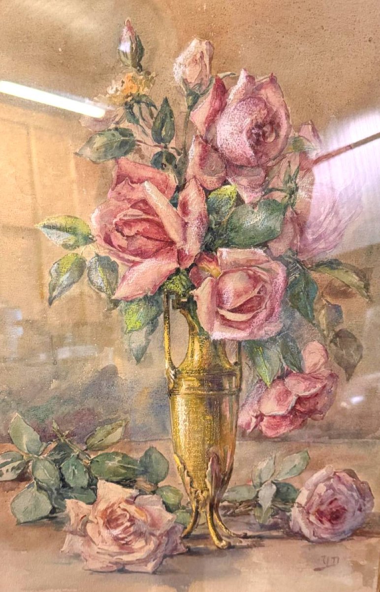 Aquarelle aux fleurs bien encadrée-photo-2