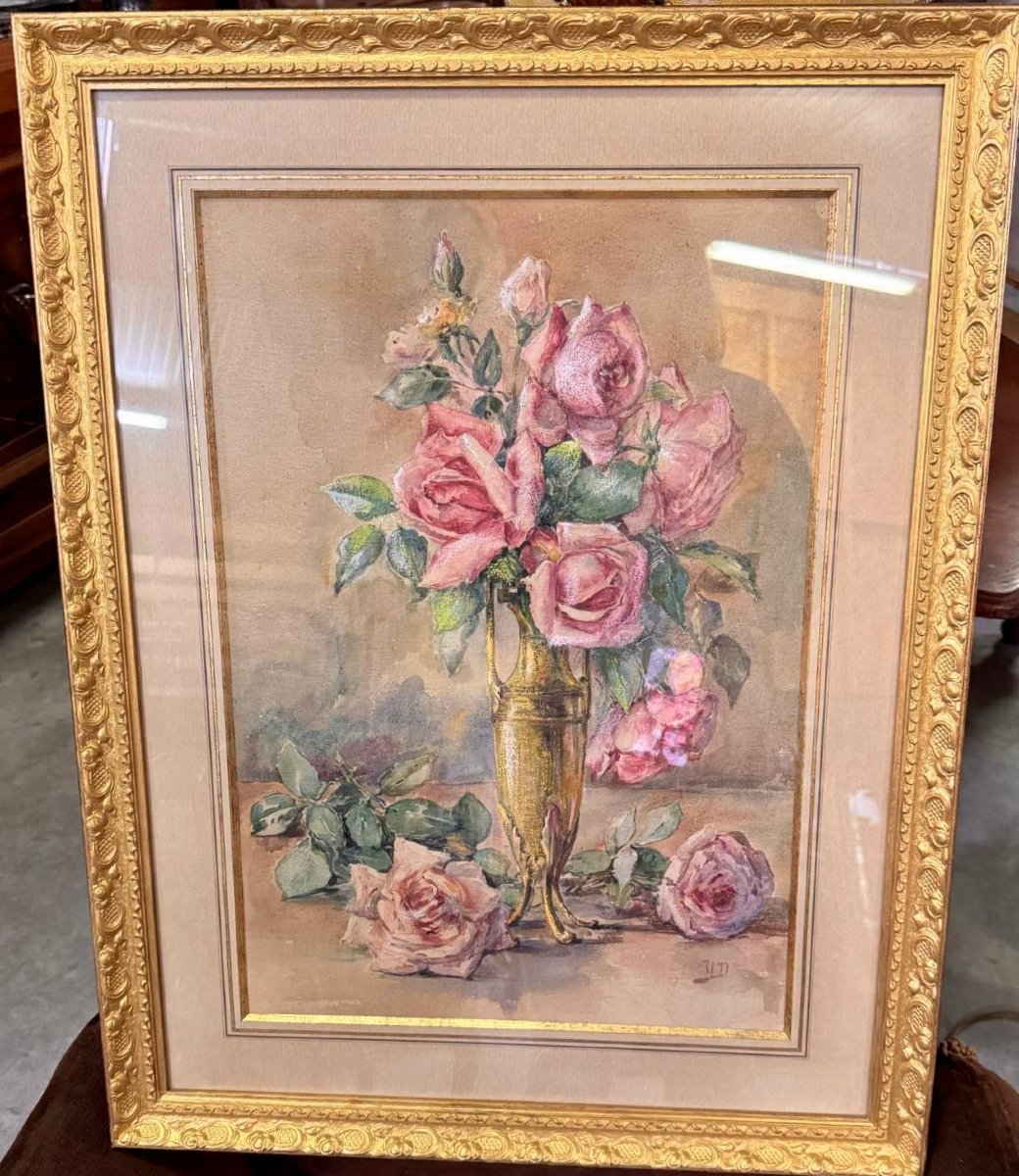 Aquarelle aux fleurs bien encadrée-photo-3
