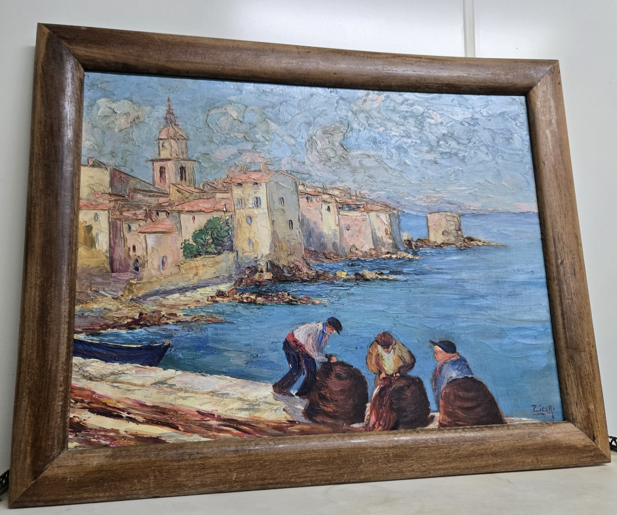 Zicca: Oil On Panel Signed The Port Of Saint Tropez Animated By Fishermen-photo-3