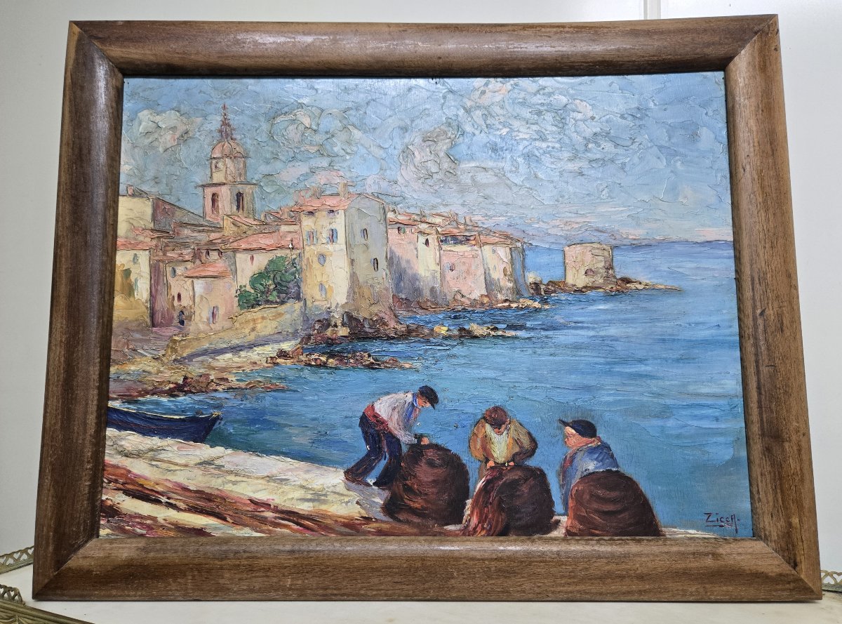 Zicca: Oil On Panel Signed The Port Of Saint Tropez Animated By Fishermen-photo-6