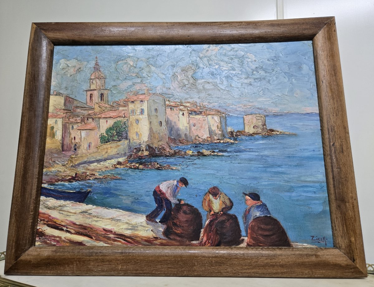 Zicca: Oil On Panel Signed The Port Of Saint Tropez Animated By Fishermen-photo-7