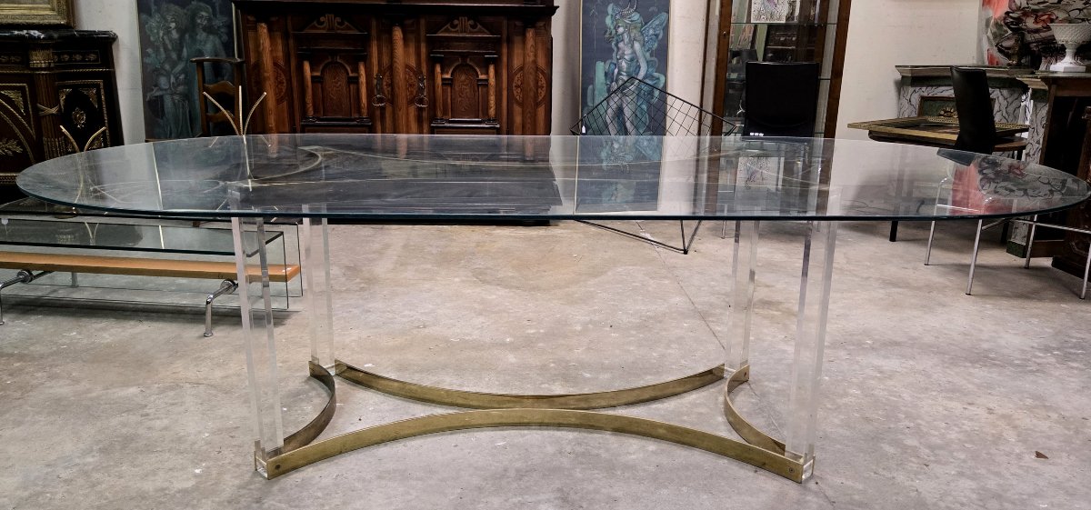 Alessandro Albrizzi: Oval-shaped Table In Glass, Plexiglass And Gilded Brass-photo-2