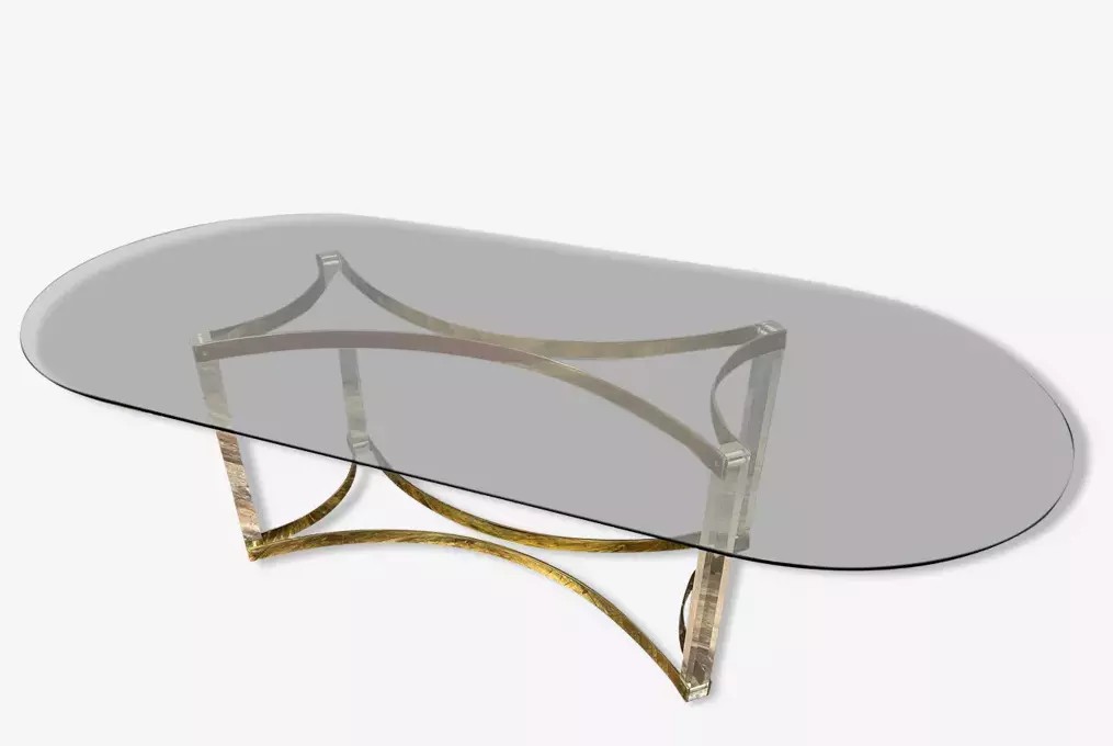 Alessandro Albrizzi: Oval-shaped Table In Glass, Plexiglass And Gilded Brass