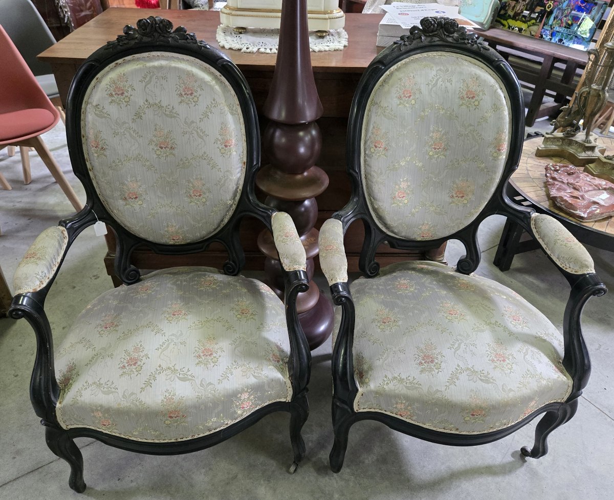 Pair Of Napoleon III Period Armchairs In Blackened Wood Circa 1850-photo-2