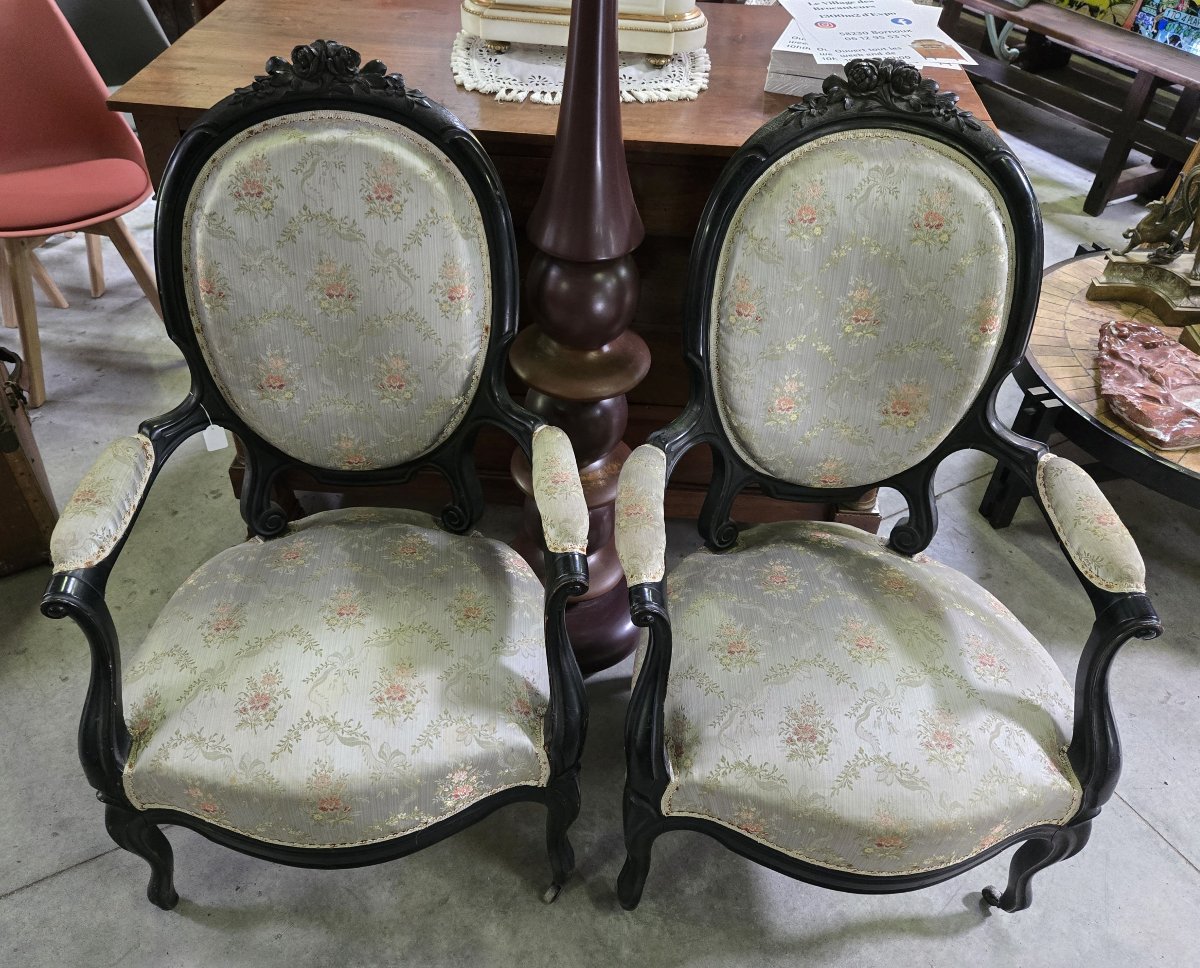 Pair Of Napoleon III Period Armchairs In Blackened Wood Circa 1850-photo-4