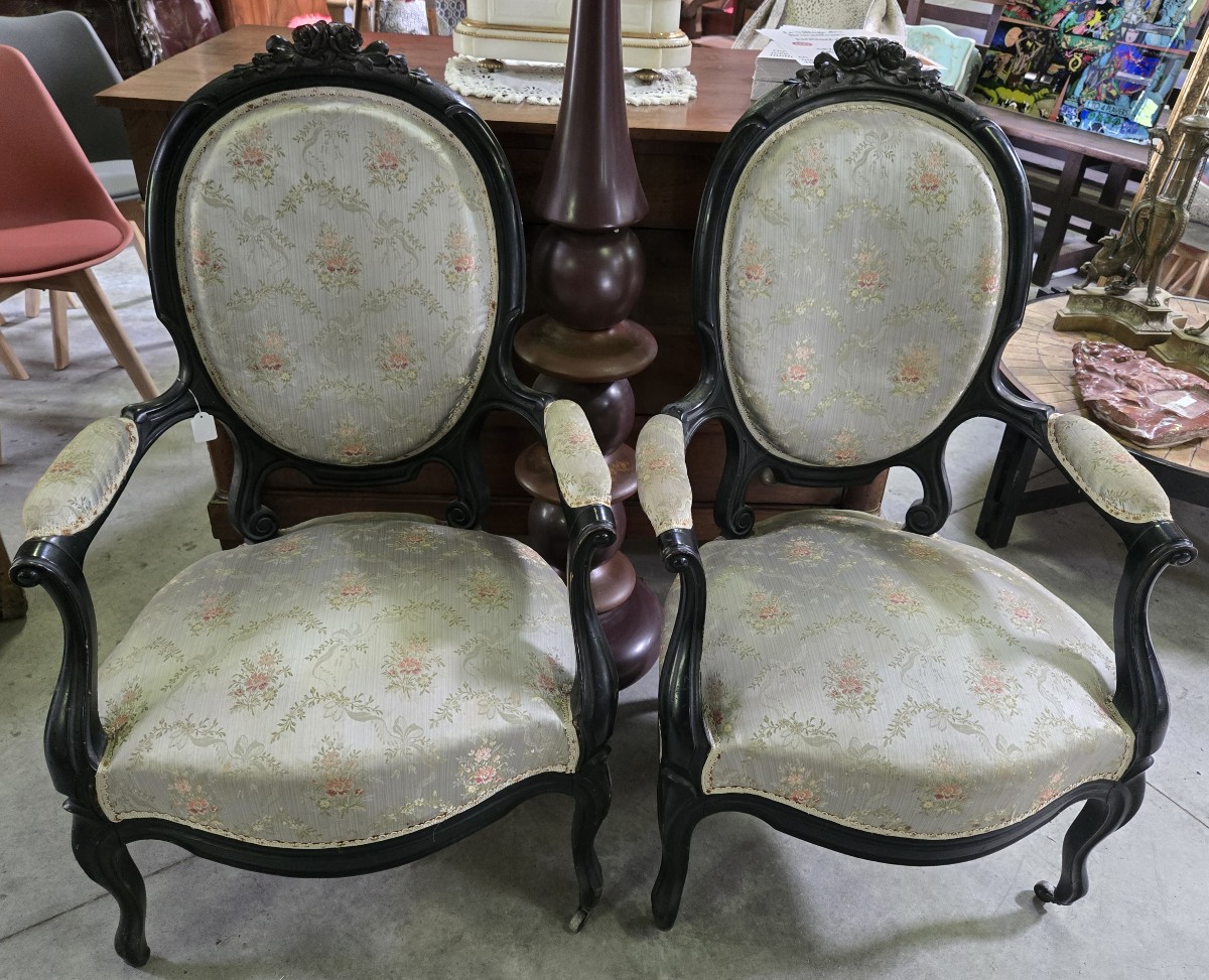 Pair Of Napoleon III Period Armchairs In Blackened Wood Circa 1850