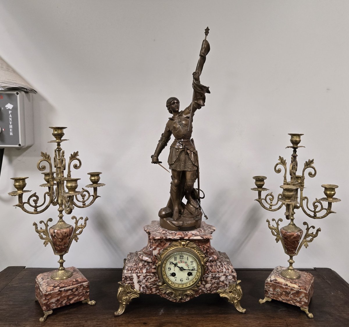 Garniture de cheminée tryptique Jeanne D'Arc en regule époque Napoléon III-photo-2