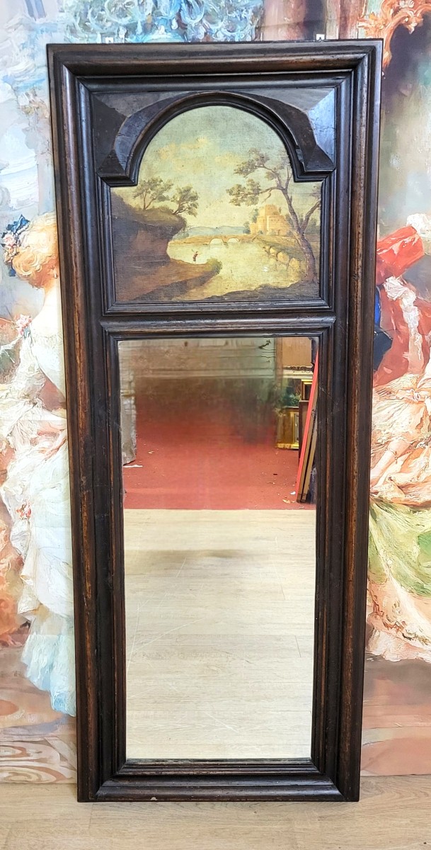 Large Natural Wood Trumeau With Oil Painting On Panel