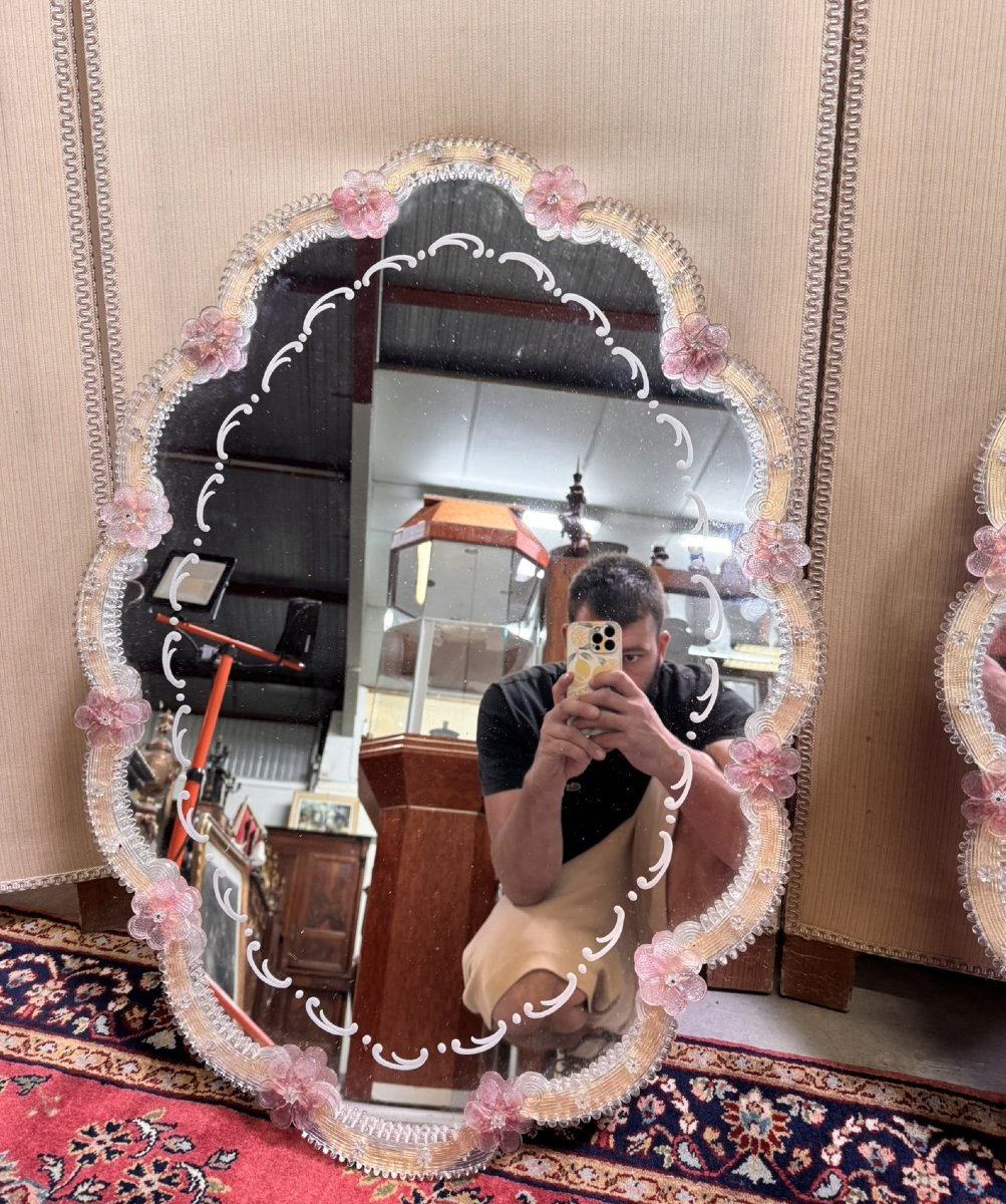 Pair Of Important Venetian Mirrors In Murano Glass-photo-2