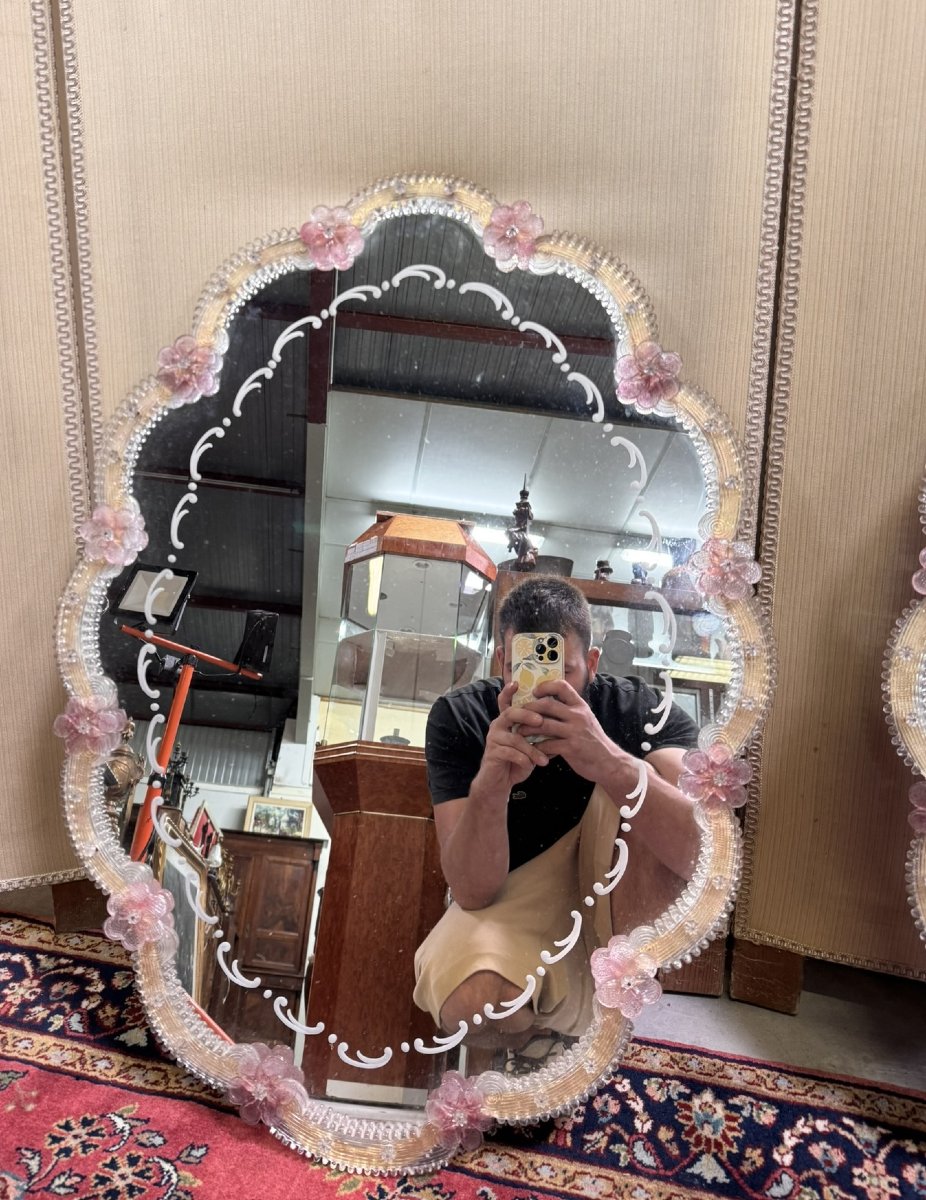 Pair Of Important Venetian Mirrors In Murano Glass-photo-3