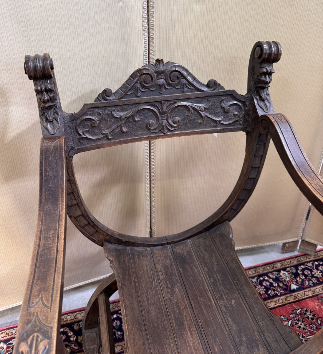 Renaissance Style Curule Or Dagobert Armchair In Walnut-photo-3