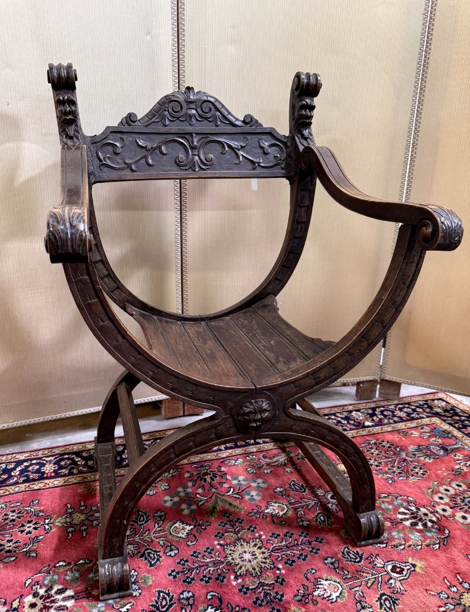 Renaissance Style Curule Or Dagobert Armchair In Walnut-photo-5
