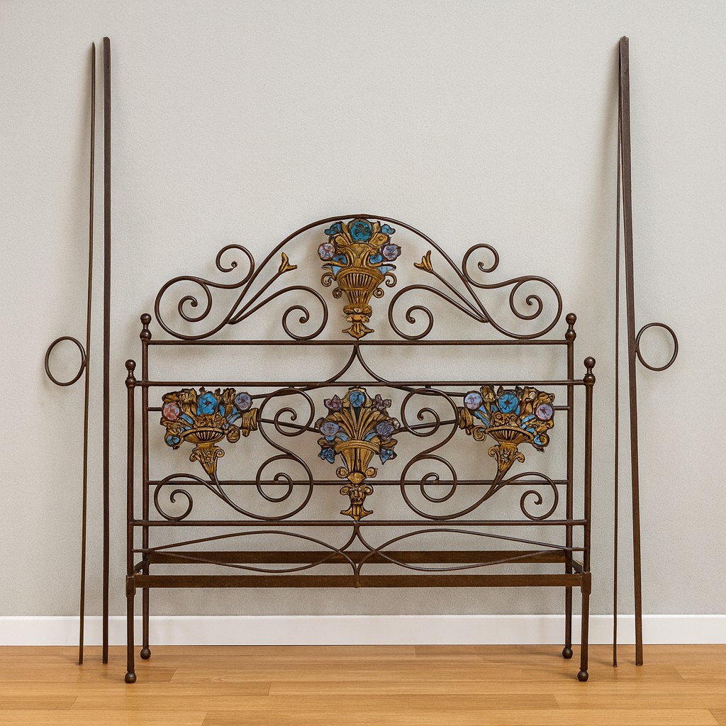 Large Venetian Bed In Iron And Cast Iron From The Art Nouveau Period With Polychrome Decorations