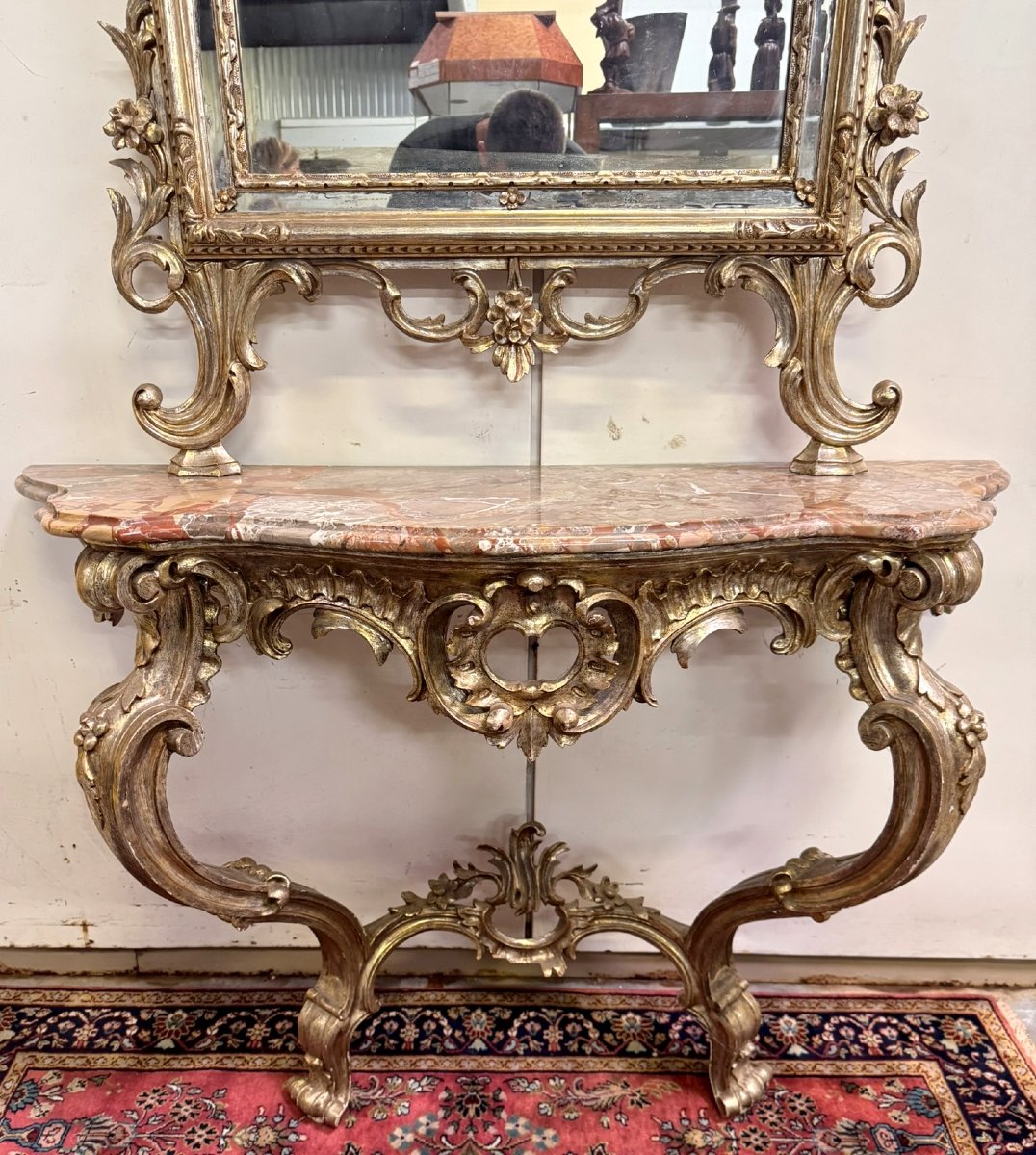Importante console de chateau galbée + miroir style Louis XV en bois doré et argenté-photo-3