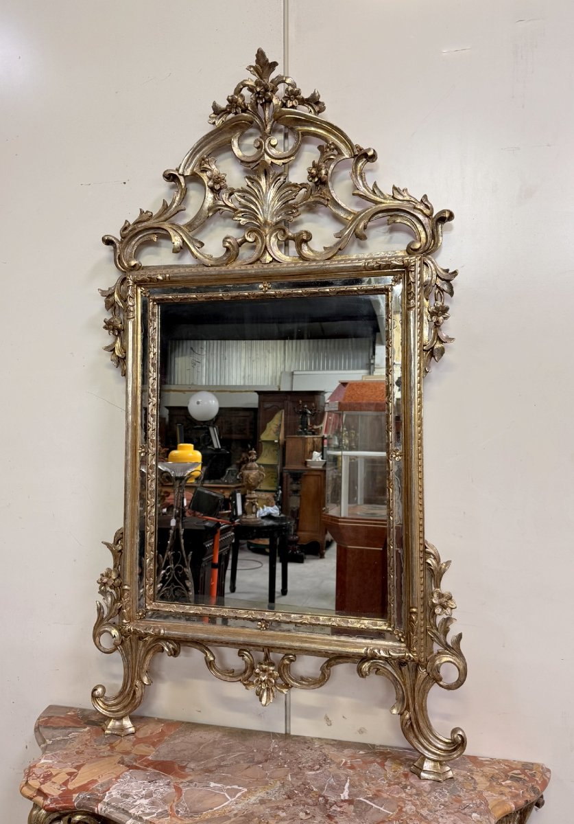 Importante console de chateau galbée + miroir style Louis XV en bois doré et argenté-photo-4