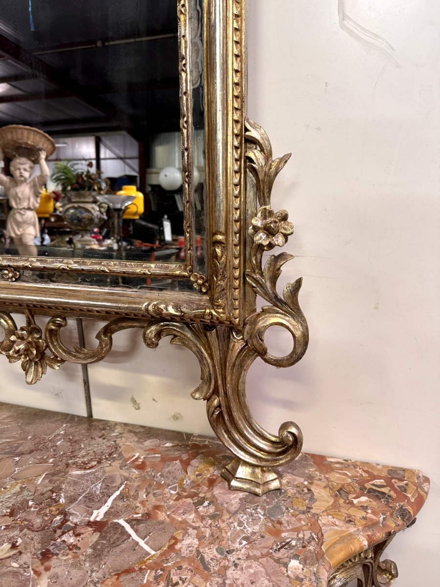Importante console de chateau galbée + miroir style Louis XV en bois doré et argenté-photo-1