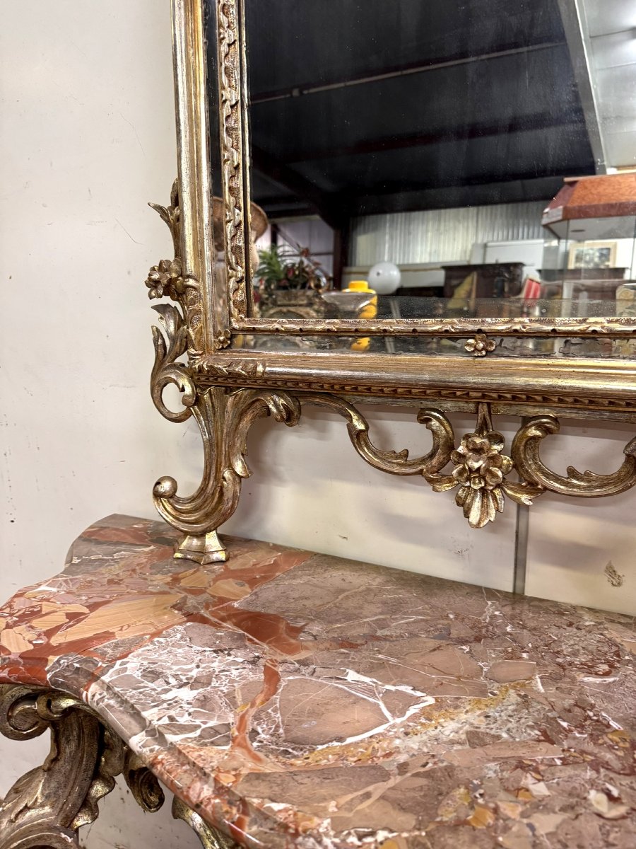 Importante console de chateau galbée + miroir style Louis XV en bois doré et argenté-photo-2