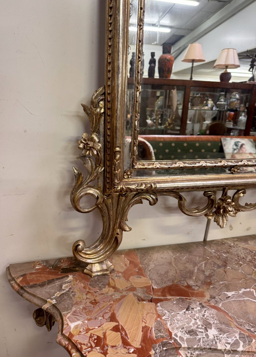 Importante console de chateau galbée + miroir style Louis XV en bois doré et argenté-photo-4