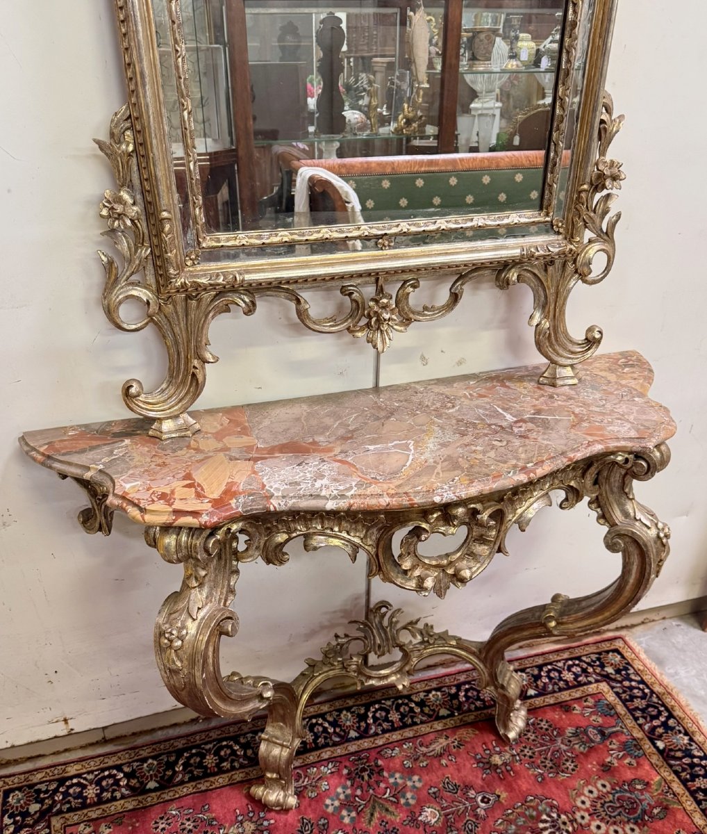 Importante console de chateau galbée + miroir style Louis XV en bois doré et argenté-photo-6