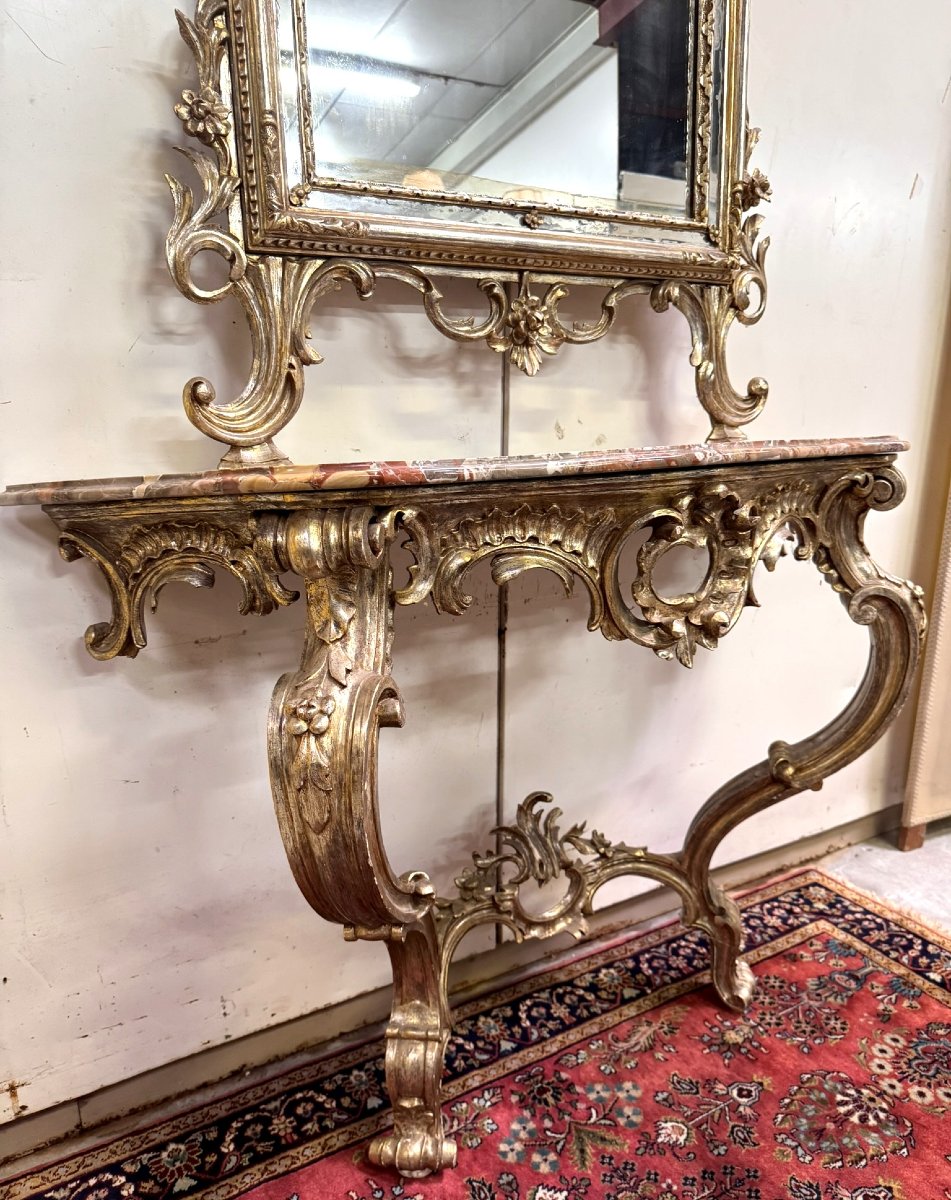 Importante console de chateau galbée + miroir style Louis XV en bois doré et argenté-photo-8
