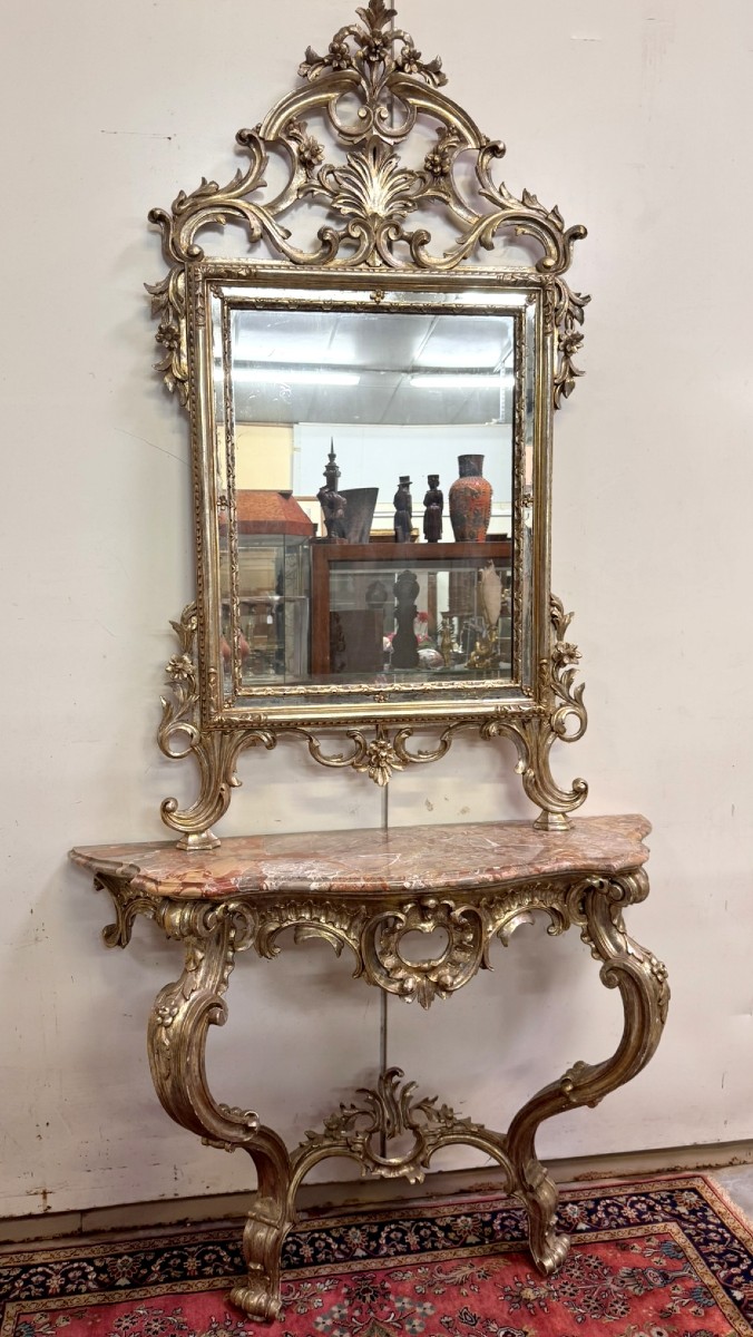 Importante console de chateau galbée + miroir style Louis XV en bois doré et argenté