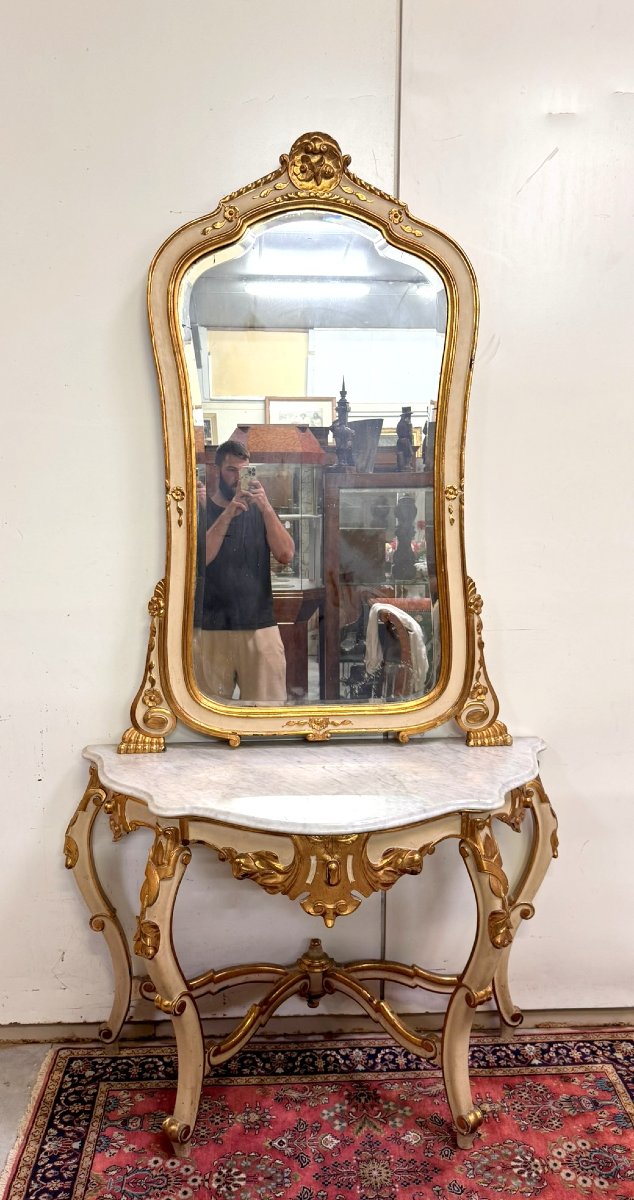 Large Curved Console + Louis XV Style Mirror In Gilded And Lacquered Wood-photo-1