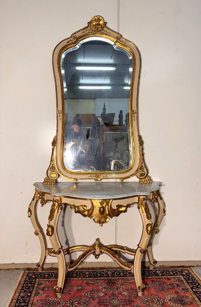 Large Curved Console + Louis XV Style Mirror In Gilded And Lacquered Wood-photo-2