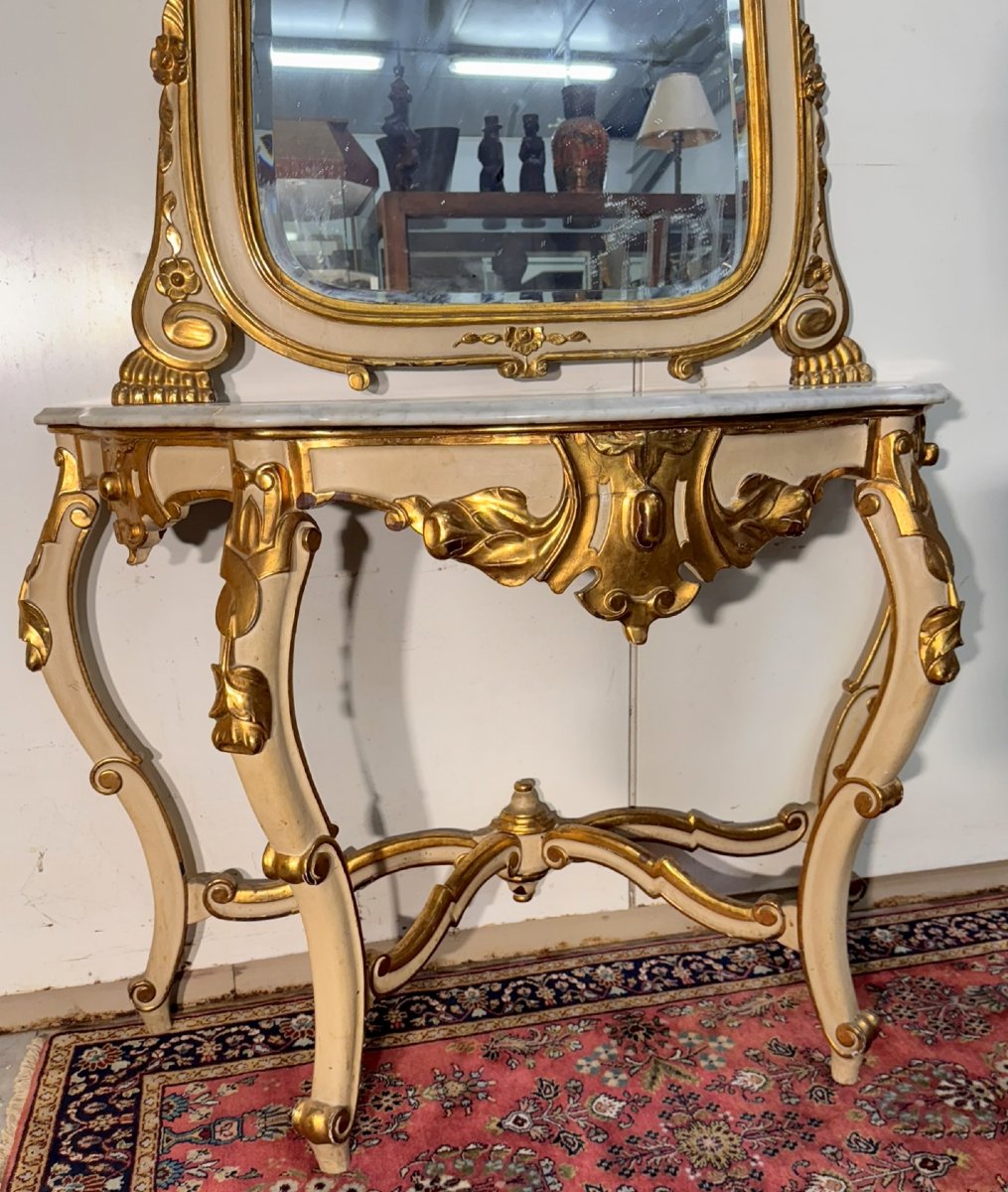 Large Curved Console + Louis XV Style Mirror In Gilded And Lacquered Wood-photo-3