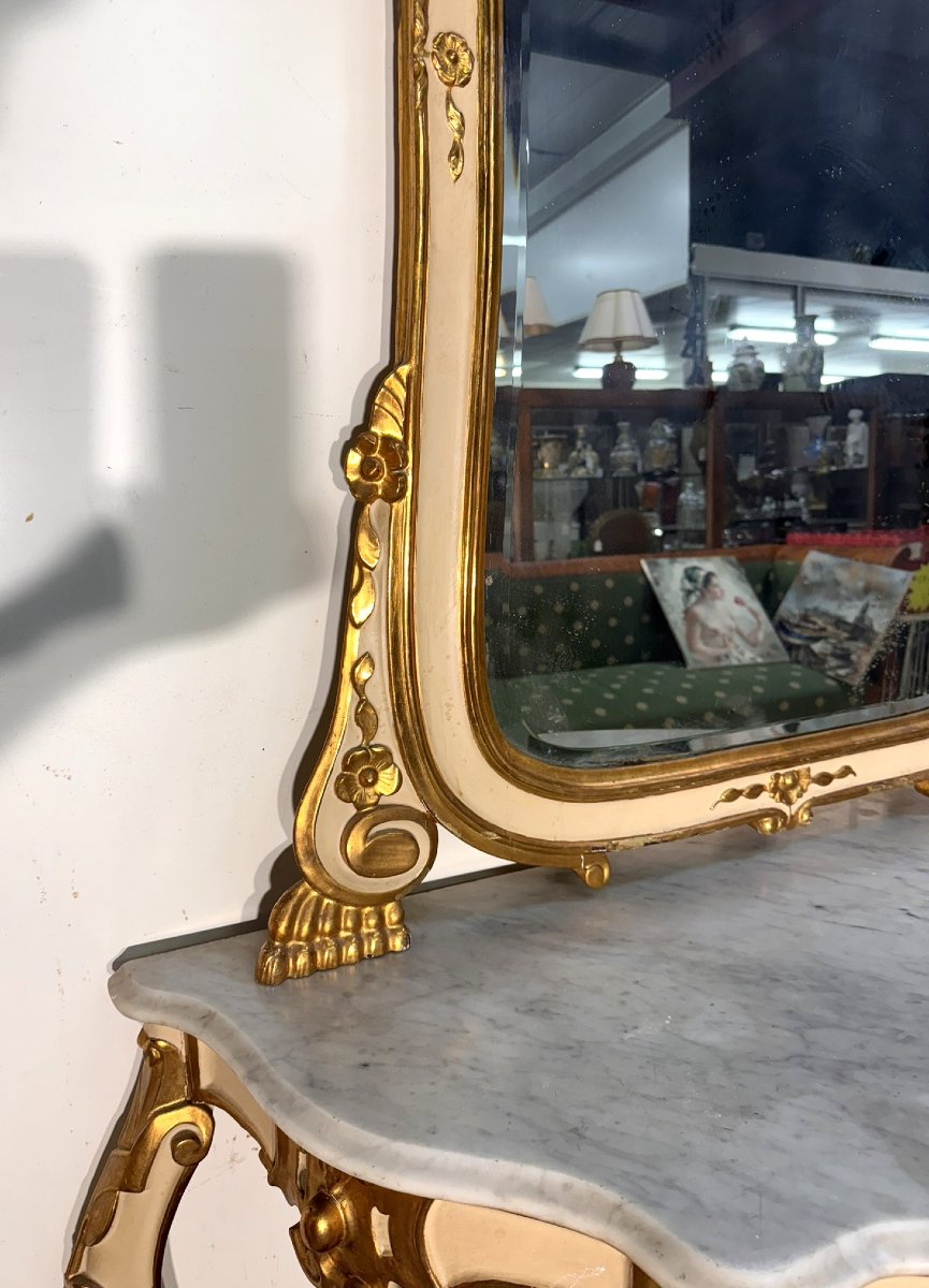 Large Curved Console + Louis XV Style Mirror In Gilded And Lacquered Wood-photo-4