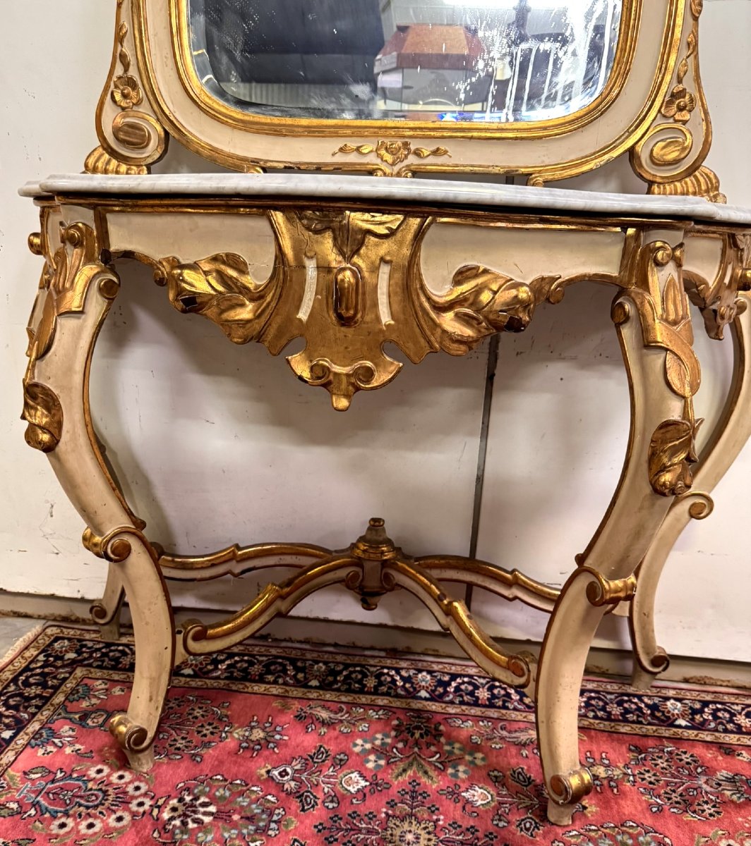 Large Curved Console + Louis XV Style Mirror In Gilded And Lacquered Wood-photo-7