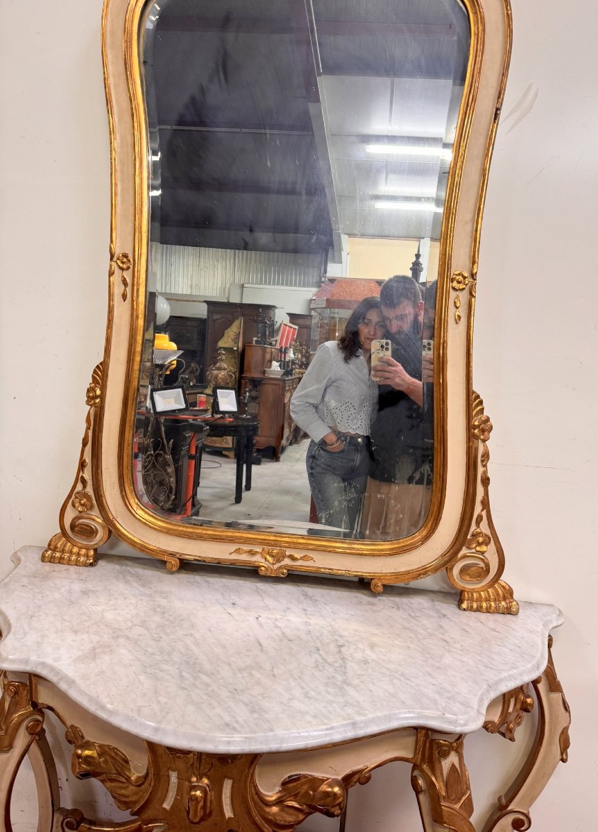 Large Curved Console + Louis XV Style Mirror In Gilded And Lacquered Wood-photo-8
