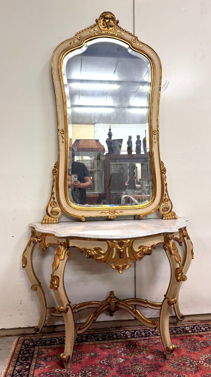 Large Curved Console + Louis XV Style Mirror In Gilded And Lacquered Wood