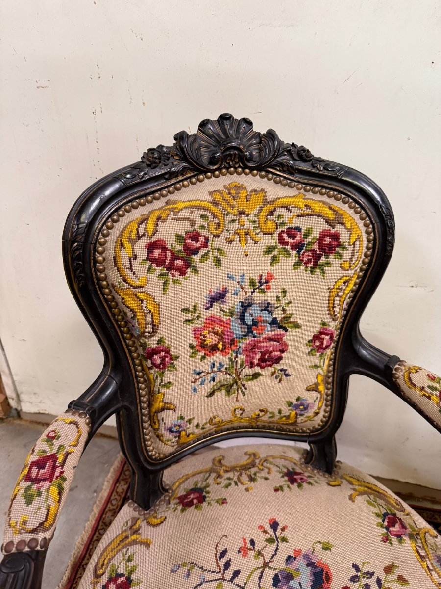 Paire de fauteuils Style Louis XV en bois noirci -photo-3