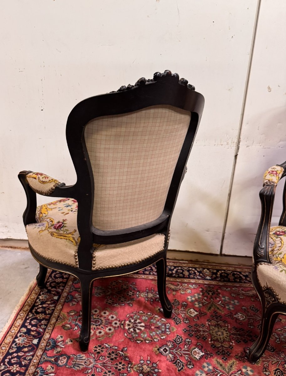 Paire de fauteuils Style Louis XV en bois noirci -photo-7