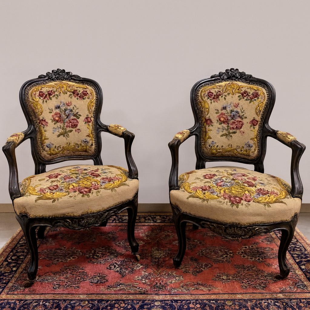 Pair Of Louis XV Style Armchairs In Blackened Wood 
