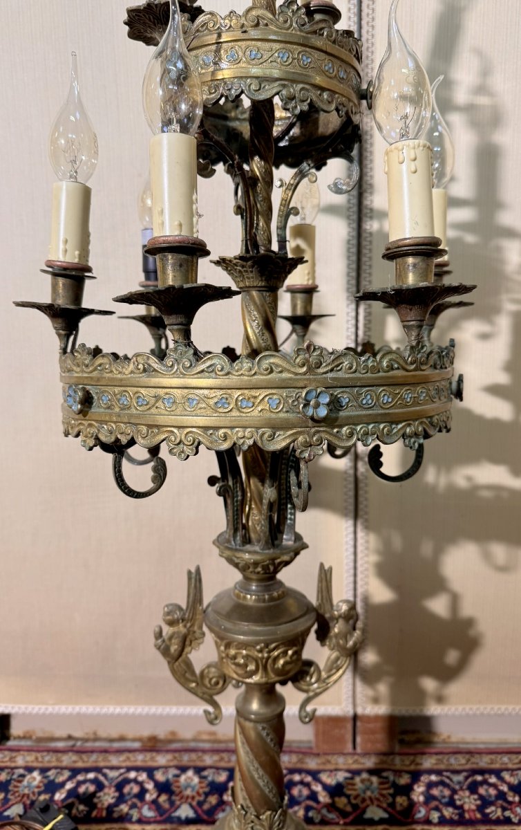 Grand chandelier d'église de style néo gothique en bronze et laiton doré-photo-4