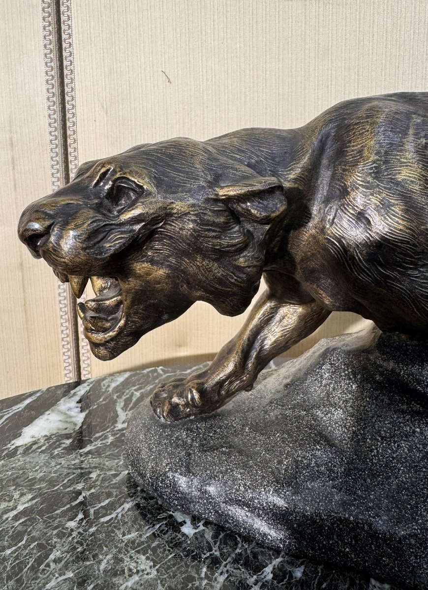 According To Thomas François Cartier: Patinated Spelter Tigne On The Lookout, Late 19th Century-photo-1