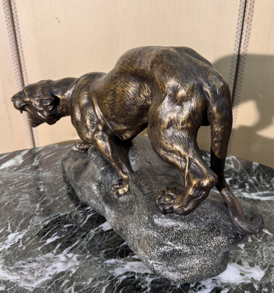 According To Thomas François Cartier: Patinated Spelter Tigne On The Lookout, Late 19th Century-photo-5