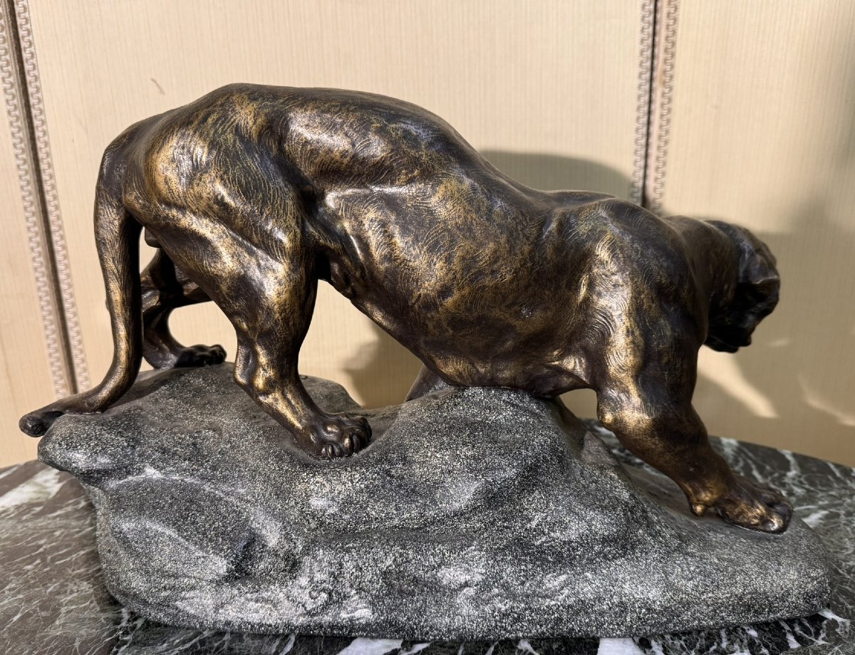 According To Thomas François Cartier: Patinated Spelter Tigne On The Lookout, Late 19th Century-photo-6