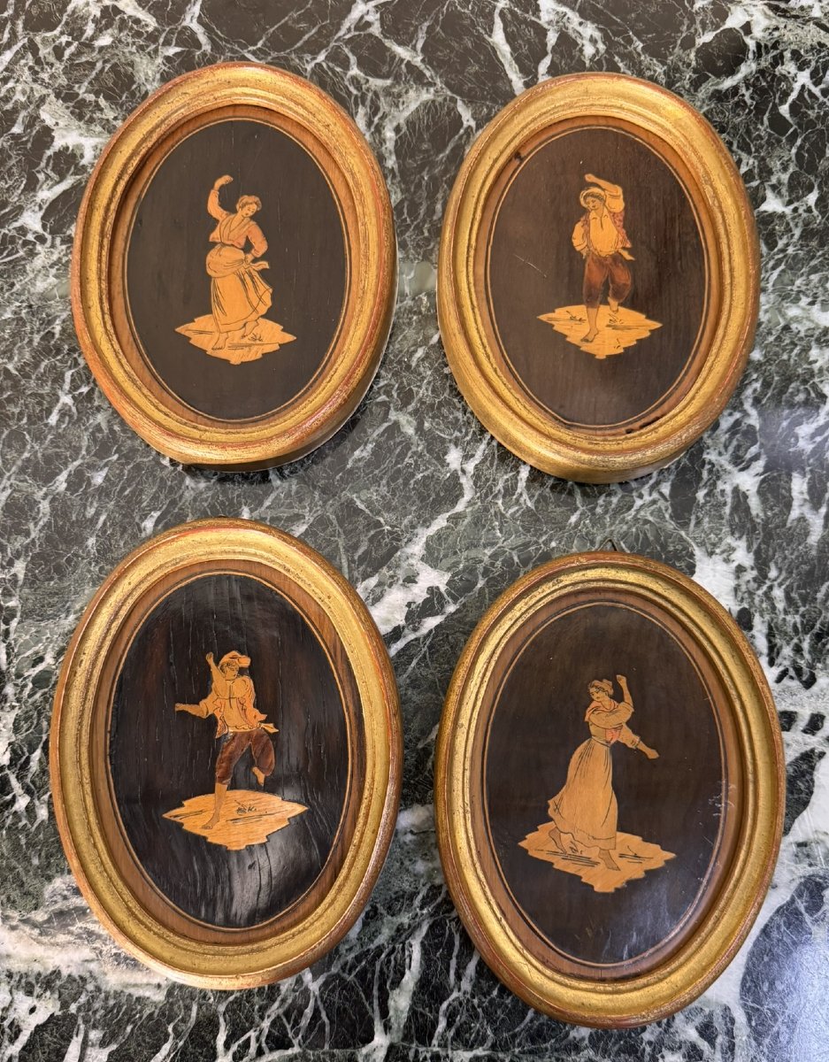 Four Oval Medallions In Sorrinte Marquetry, Italy, 19th Century-photo-1