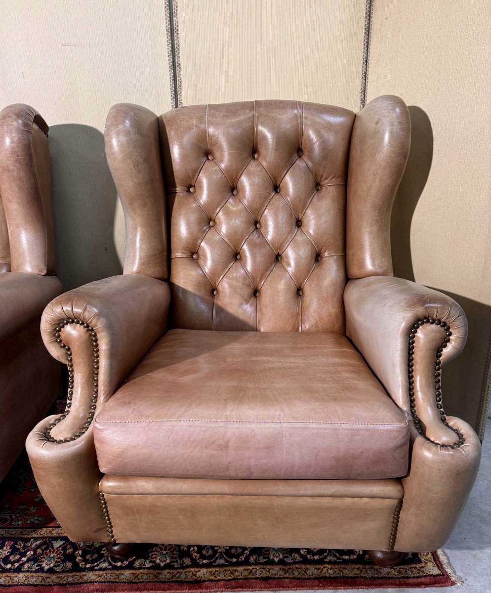 Pair Of Chesterfield Leather Wingback Armchairs-photo-1