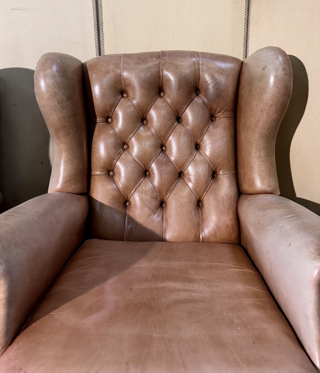 Pair Of Chesterfield Leather Wingback Armchairs-photo-2