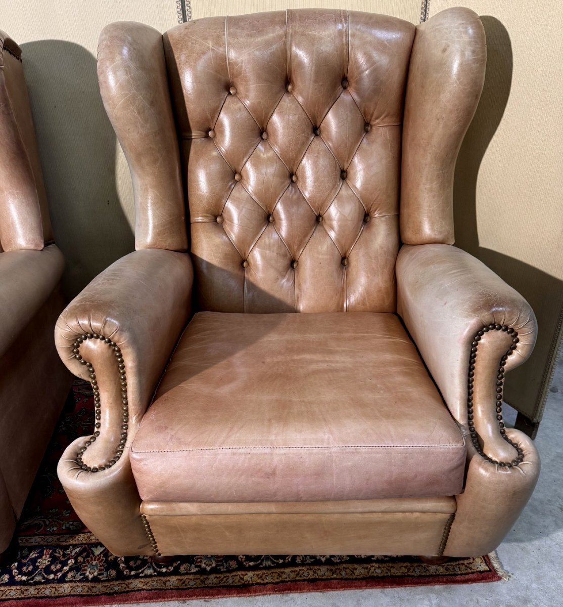 Pair Of Chesterfield Leather Wingback Armchairs-photo-3