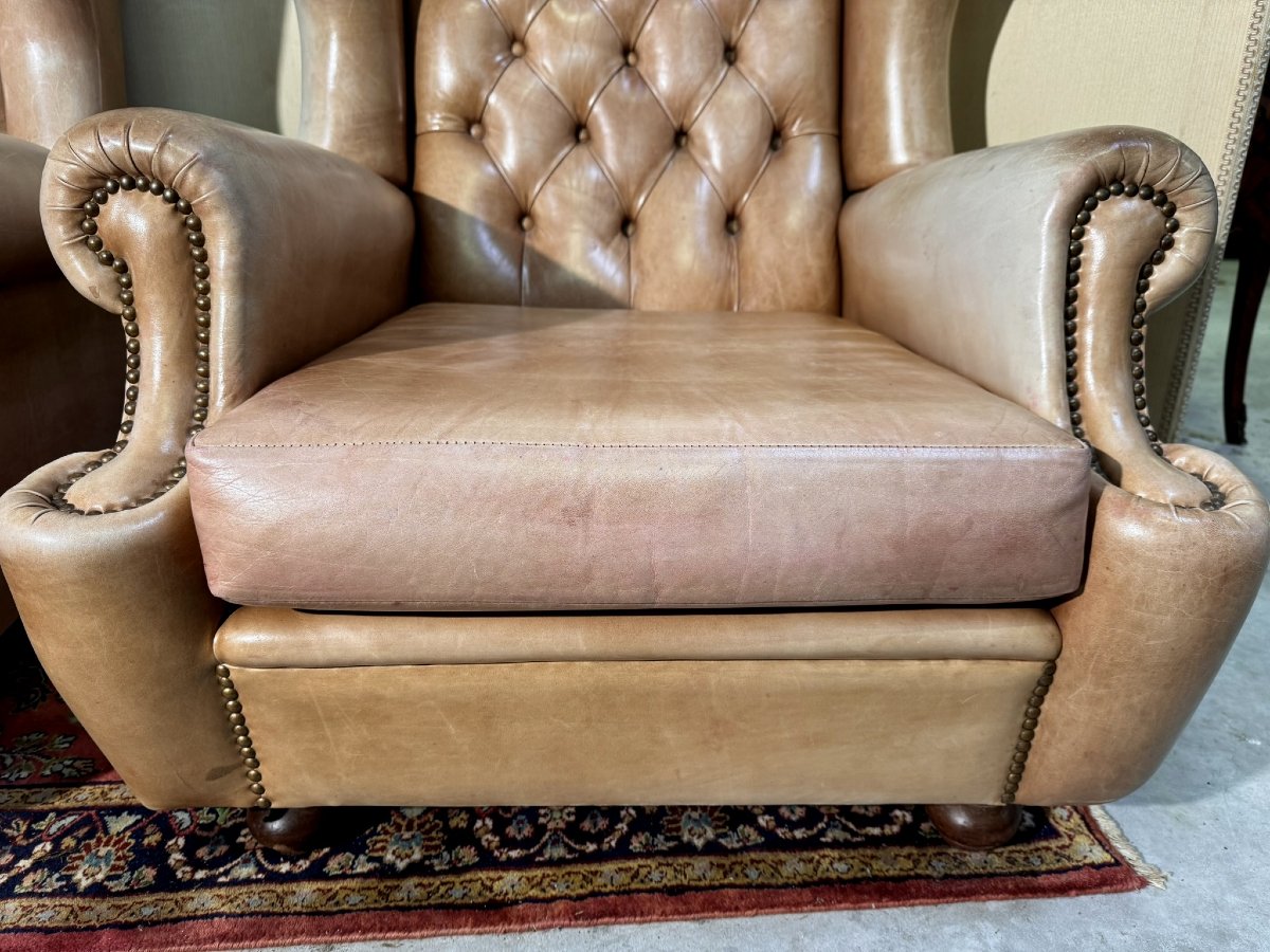 Pair Of Chesterfield Leather Wingback Armchairs-photo-4